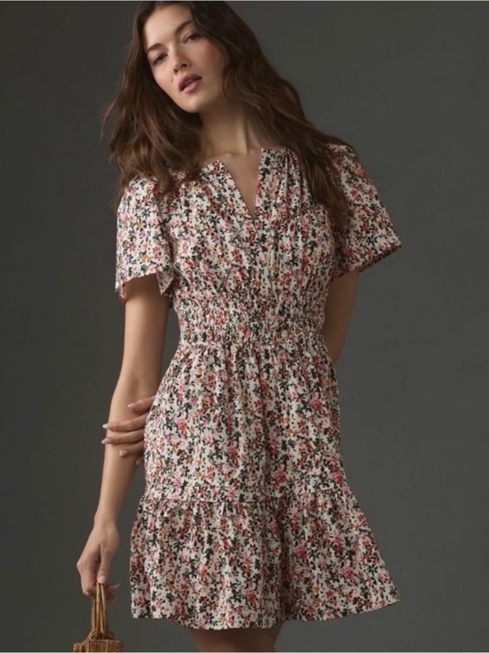 Anthropologie Somerset Mini Smocked waist Dress M Floral Short Sleeve Feminine